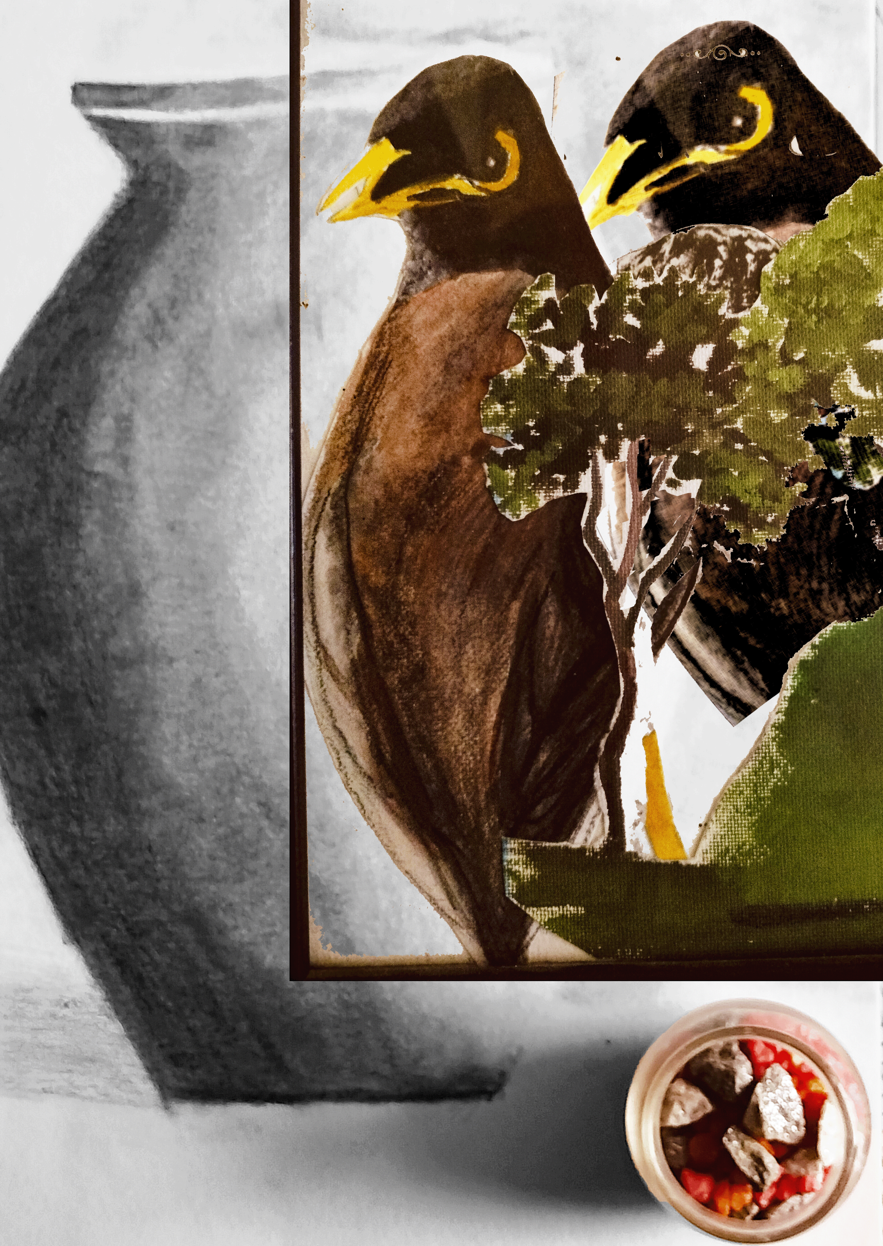 bird, stones, and earthen pot
